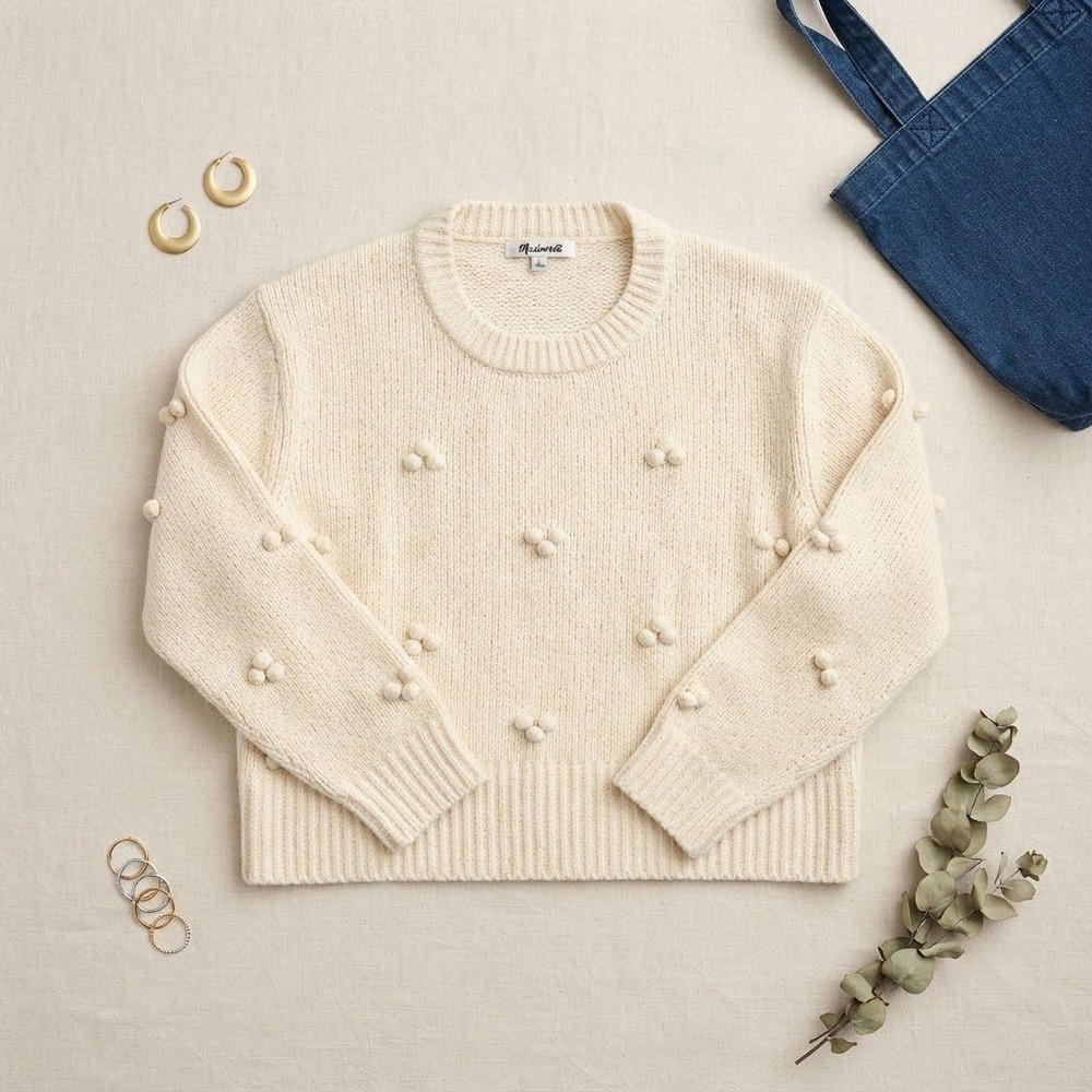 Madewell Pom-Pom Crewneck Sweater Womens XL Cream Bobble Knit Cozy Cottagecore